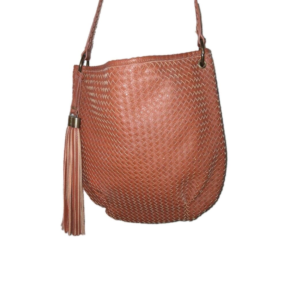 Sondra Roberts Squared Purse Brown Faux Woven Leather Shoulder Bag Tassel